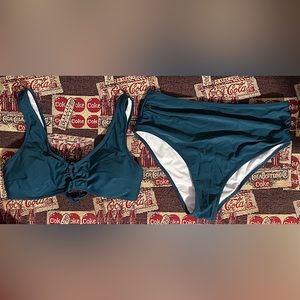 NEW Sexy Dark Teal Blue green 2pc Swimsuit Bikini Sz M High Waist Lattice Detail